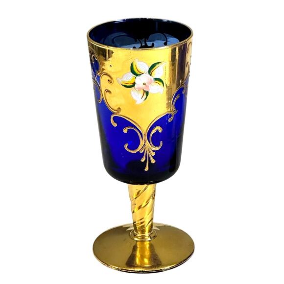 Tre Fuochi Venetian Murano Cobalt Blue Enameled and 24K Gold Decanter+6 Goblets - Picture 6 of 12